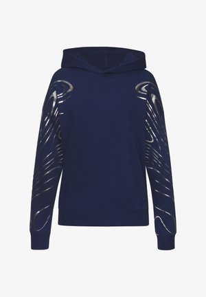 Navy hoodie in soft fabric, featuring metallic silver abstract patterns on sleeves, kangaroo pocket, and drawstring hood.