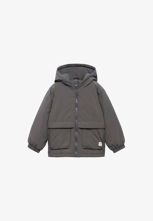 Grå hooodie-jacka med dragkedja fram, elastiska ärmslut och två framfickor. Gjord av ett slätt, lätt material.