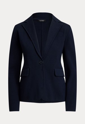 Blazer marine à fermeture à un bouton, avec revers crantés et deux poches avant ; fabriqué en tissu texturé avec une coupe ajustée.