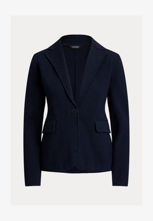 Marineblazer met een enkele knoopsluiting, notch-revers en twee voorzakken; gemaakt van textuurstof met een getailleerde pasvorm.