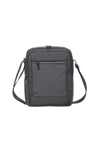 Borsa a spalla grigia, rettangolare, con un compartimento principale dotato di una zip nera, tasca frontale con zip e tracolla regolabile. Tessuto testurizzato.