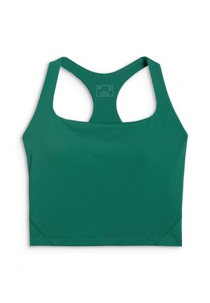 Zielony sportowy stanik typu racerback, dopasowany, z szerokimi ramiączkami i bezszwową konstrukcją, rozłożony płasko na białym tle. Brak osób.