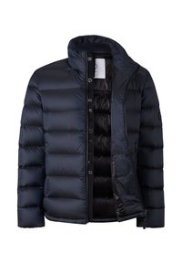 Tmavě modrá prošívaná péřová bunda s stojatým límcem, částečně rozepnutým předním zipem a vnitřní páskou s logem.