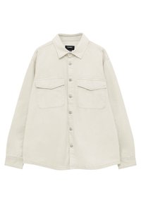 Camisa de botón de color beige claro con cuello, dos bolsillos delanteros, mangas largas y un corte relajado. Hecha de una tela suave y duradera.