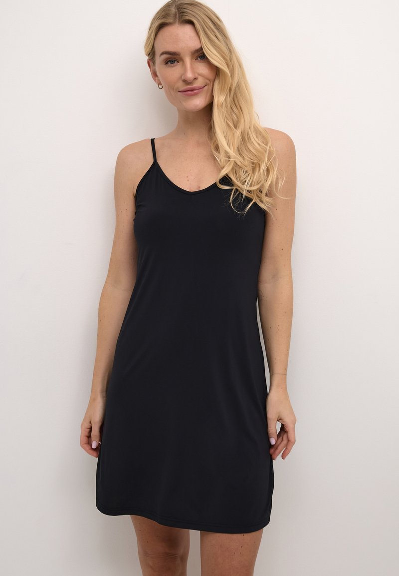 Black sleeveless dress with a V-neckline, made from a smooth, lightweight fabric. Features thin straps and a relaxed fit.