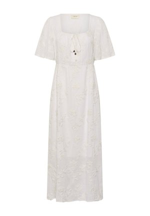 Rochie midi albă cu mâneci scurte evazate, decolteu pătrat, broderie florală subtilă, șnururi în față și talie ajustată.