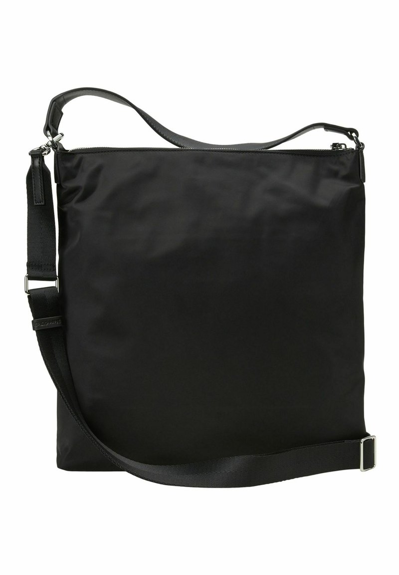 Schwarze rechteckige Schultertasche mit verstellbarem Riemen und Reißverschluss, aus glattem Stoff und minimalistischer Gestaltung.