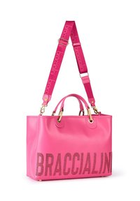 Borsa a tracolla sintetica rosa con dettagli in oro, doppi manici e una tracolla regolabile. Presenta 'BRACCIALINI' in strass su un lato.