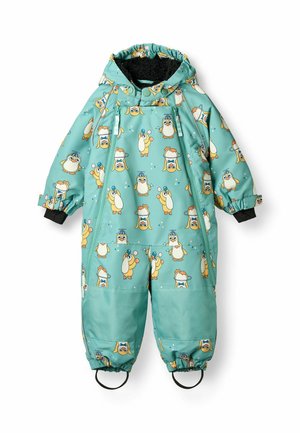 Hellblau-grüner Schneeanzug mit Pinguin-Muster, Kapuze und elastischen Bündchen; isoliert mit einer glatten, wasserdichten Außenschicht.