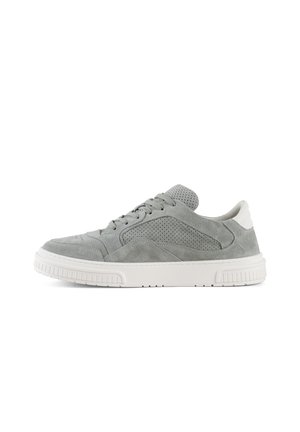 Grijze suede sneaker met perforaties, witte rubberen zool, ronde neus en veters. Heeft een contrasterende witte hieltab.