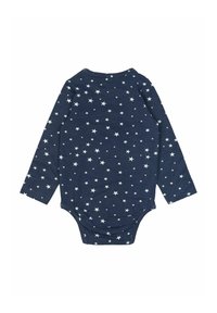 Langärmeliges marineblaues Body mit einem weißen Sternmuster, weichem Stoff, Rundhalsausschnitt und Druckknopfverschluss am Boden für einfaches Ankleiden.