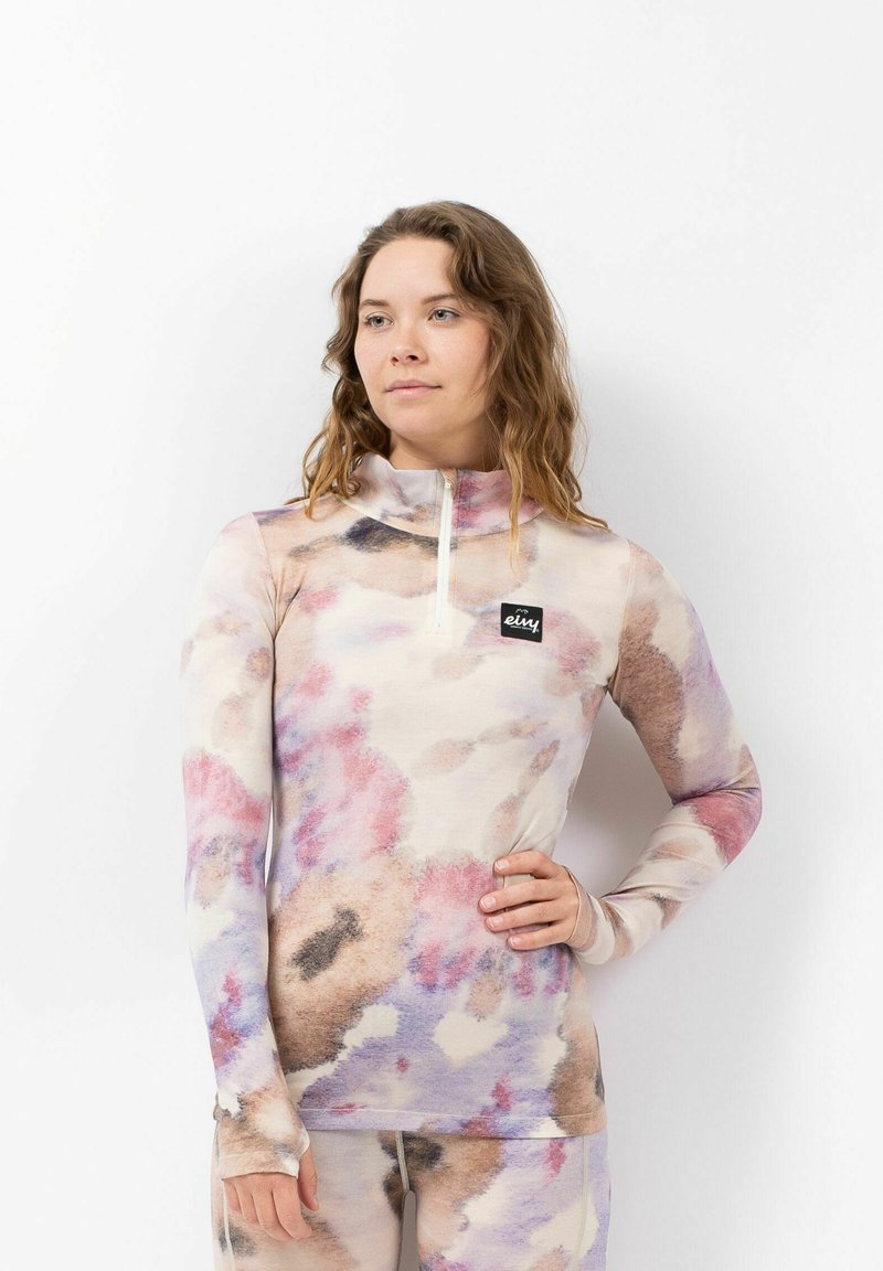 Langsleeve sporttop van zacht, rekbaar materiaal, met een multicolor abstract patroon in roze, paars en beige, en een halve rits.