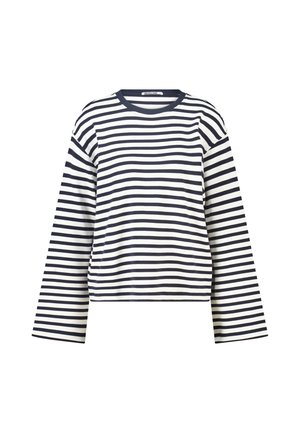 Zwart-wit horizontaal gestreept shirt met lange mouwen en een ronde hals, weergegeven tegen een witte achtergrond.