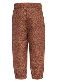 Bruine broeken met een patroon en een elastische tailleband, met een textuur oppervlak en gathered manchetjes bij de enkels.