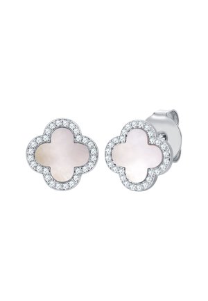 Silberne Ohrstecker in Form eines vierblättrigen Kleeblatts mit Perlmuttmitte und einem Rand aus kleinen funkelnden Diamanten.