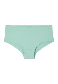 Mintgrüne Baumwoll-Boyshorts mit mittelhohem Bund, versehen mit einem zarten Spitzenbesatz an der Oberseite und nahtlosen Seiten für zusätzlichen Komfort.
