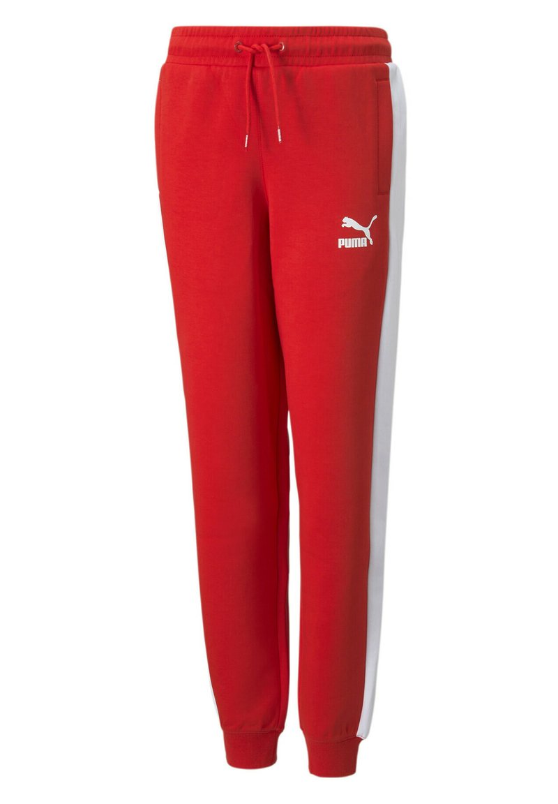 Rode joggingbroek met elastische tailleband, trekkoord en zijstripes in het wit. Bevat zijzakken en een wit Puma-logo aan de voorkant.