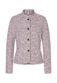 Texturierter Blazer in Pink und Grau, mit rundem Kragen, fünf schwarzen Knöpfen und einer figurbetonten Passform. Lange Ärmel mit glatter Oberfläche.