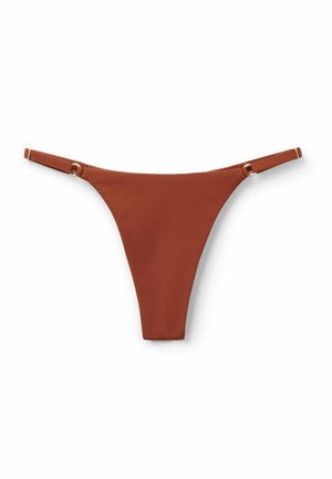 Rustbrun bikiniunderdel med justerbare sidelommer og små guldringe detaljer på hvid baggrund.