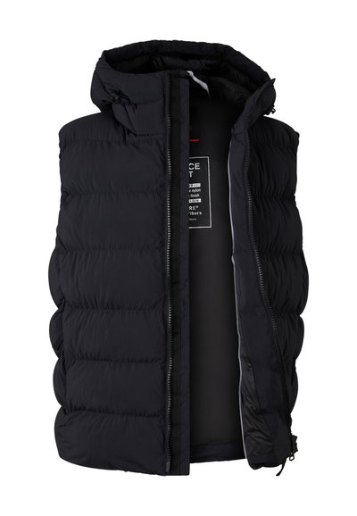 Černá péřová vesta s kapucí, vyrobená z nylonu, s prošívaným designem, předním zipem a vnitřními štítky. Hladký, jemný povrch.