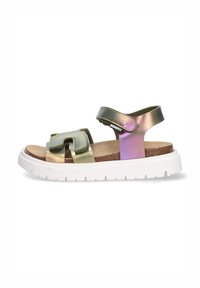 Metallic green and purple sandals with a cork footbed, featuring a wide strap and a white rubber sole, designed for comfort and style.