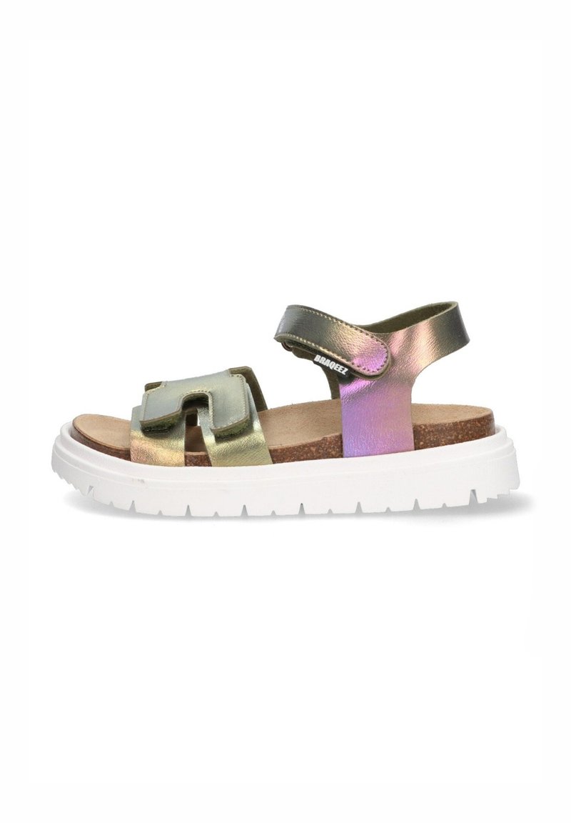 Metallic green and purple sandals with a cork footbed, featuring a wide strap and a white rubber sole, designed for comfort and style.