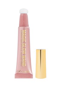 Tubo rosa di illuminante liquido Magic Glow Wand con punta applicatrice bianca e cappuccio dorato lucido staccato su sfondo bianco.