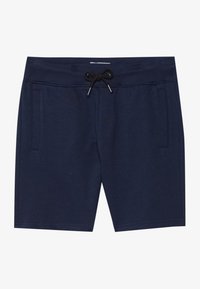 Marineblå atletiske shorts med elastisk talje, snøre lukning og to sidelommer. Blødt stof med en glat tekstur.