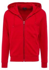Felpa rossa con zip, realizzata in un misto cotone, dotata di cappuccio regolabile con cordino, tasche frontali e polsini e orlo a costine. Design semplice e uniforme.