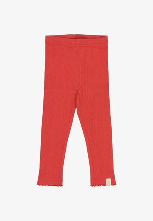 Leggings roșii cu nervuri, confecționați dintr-un material moale. Prezintă un tiv ondulat și modele mici decupate pe întreaga suprafață. Eticheta afișează marca "PP".