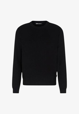 Schwarzer Pullover mit rundem Ausschnitt, langen Ärmeln, gerippten Bündchen und Saum, aus glattem Stoff, mit einem kleinen Logotag an der Seite.