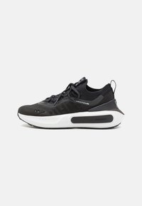 Black athletic shoe with a breathable mesh upper, cushioned white sole, textured detailing, and black laces. Features a pull tab at the back.