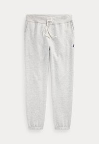 Pantaloni della tuta grigio chiaro con polsini e vita elasticizzati, coulisse bianca e piccolo logo di giocatore di polo blu scuro sull'anca destra.
