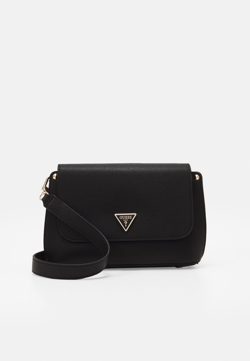 Black leather crossbody bag with gold hardware, triangular logo, magnetic flap closure, and adjustable strap. Smooth texture, compact design.