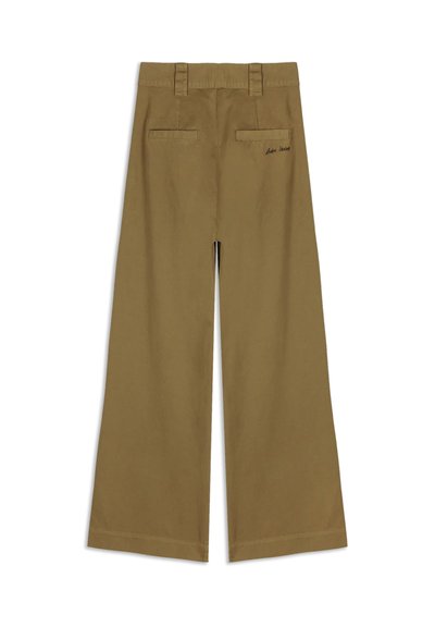 Khaki wijde broek, gemaakt van katoen, met achterzakken, nette naden en subtiele logo borduursel boven de rechterzak.
