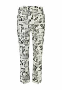 Straight-leg pants made from fabric featuring black and white comic-style prints, including speech bubbles and patterns, with a smooth texture.