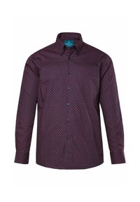 Camicetta a maniche lunghe in un bordeaux scuro con un motivo geometrico in tonalità più chiare. Presenta un colletto a punta e bottoni scuri. Tessuto in cotone.