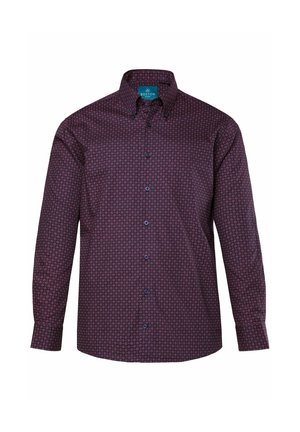 Long-sleeve shirt in dark burgundy with a geometric pattern in lighter shades. Features a button-down collar and dark buttons. Cotton fabric.