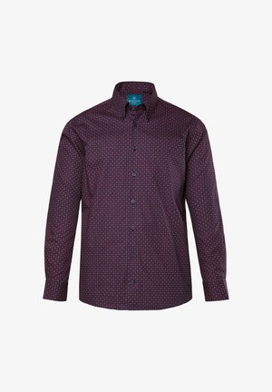 Long-sleeve shirt in dark burgundy with a geometric pattern in lighter shades. Features a button-down collar and dark buttons. Cotton fabric.