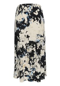 Lange, elastische Taille Rock aus leichtem Stoff mit einem schwarz-weißen Spritzmuster und blauen Akzenten. Fließendes, A-Linien Design.