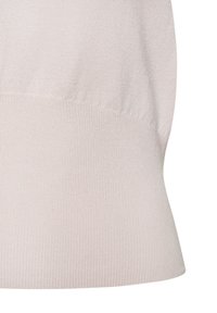 Maglione a coste di un delicato rosa chiaro, con vita aderente e orlo arrotondato. Tessuto morbido con una leggera lucentezza, dotato di maniche corte.