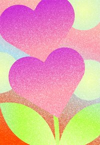 Due fiori a forma di cuore scintillanti rosa e viola con foglie verdi su uno sfondo colorato e strutturato.