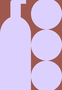 Μωβ μπουκάλι με καμπυλωτό σχήμα και στενό λαιμό, τοποθετημένο δίπλα σε τρεις μεγάλες, λείες μωβ κύκλους σε καφέ φόντο.