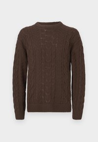 Maglione marrone a lavorazione a trecce con maniche lunghe, polsini e orlo a costine, e scollatura a girocollo.