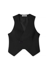 Schwarze ärmellose Weste mit Wickeldesign, einem lila Knopfverschluss und einem strukturierten Stoff mit glatter Innenfütterung.