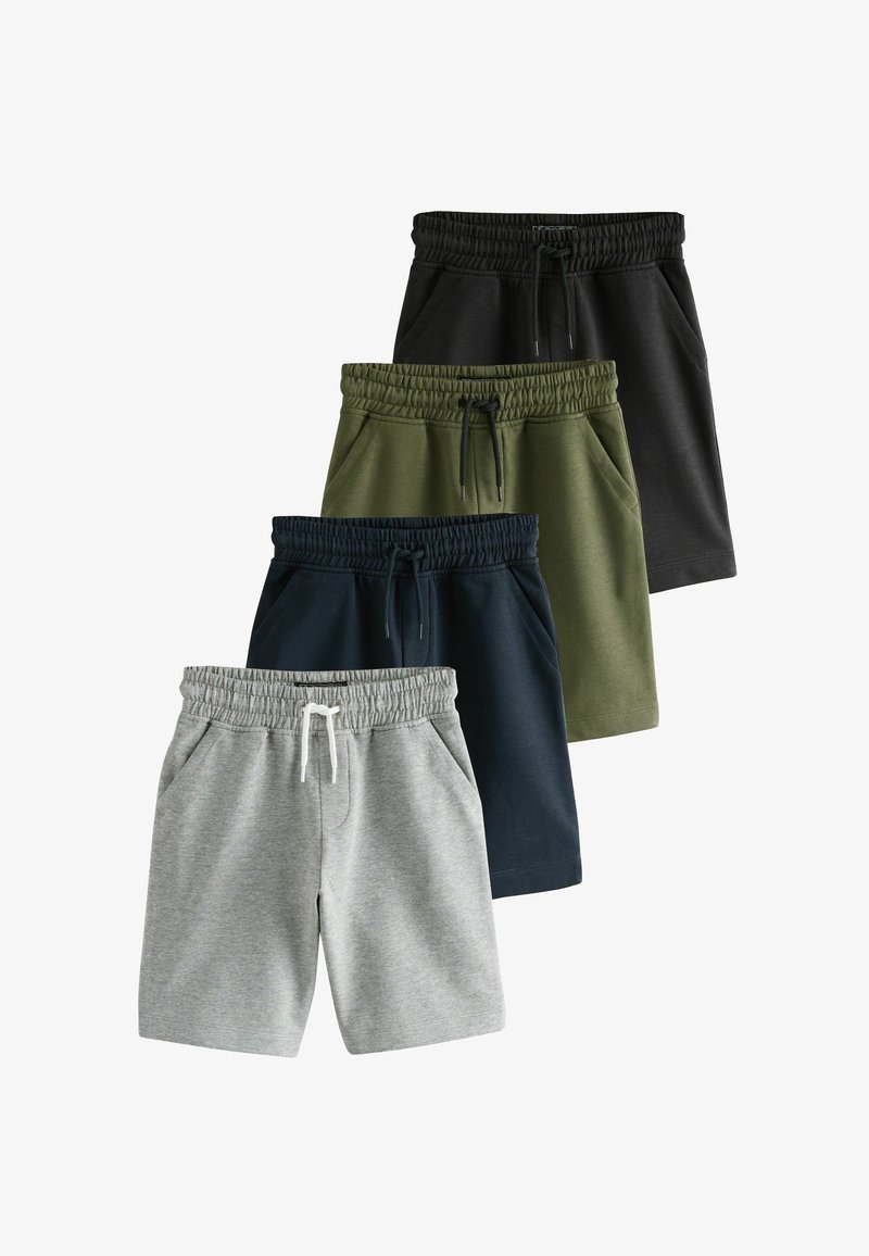 Vier Paar Freizeitshorts in Grau, Marineblau, Olivgrün und Schwarz, jeweils mit elastischem Bund und Kordelzug, gestapelt auf weißem Hintergrund.