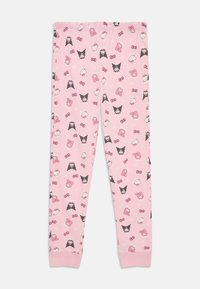 Vaaleanpunaiset lastent legginsit, joissa on joustava vyötärö, koristeltu pienillä Hello Kittyn ja My Melodyn hahmoprinteillä sekä vaaleanpunaisilla nauhoilla.
