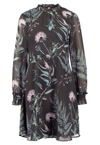 Kleid mit floralem Muster aus schwarzem, transparentem Stoff, mit langen Ärmeln und Rüschenmanschetten sowie hohem Kragen. Das Design umfasst Blätter und Blumen.