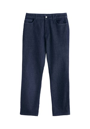 Dunkelblaue Denim-Hosen mit geradem Bein, fünf Taschen, Gürtelschlaufen und einem vorderen Knopfverschluss. Der Stoff hat eine strukturierte Oberfläche.