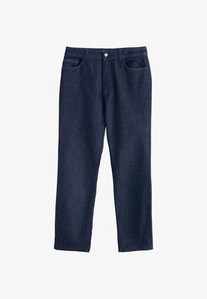 Donkerblauwe denim broek met een recht ontwerp, vijf zakken, riemlussen en een knoopsluiting aan de voorkant. De stof heeft een gestructureerde afwerking.